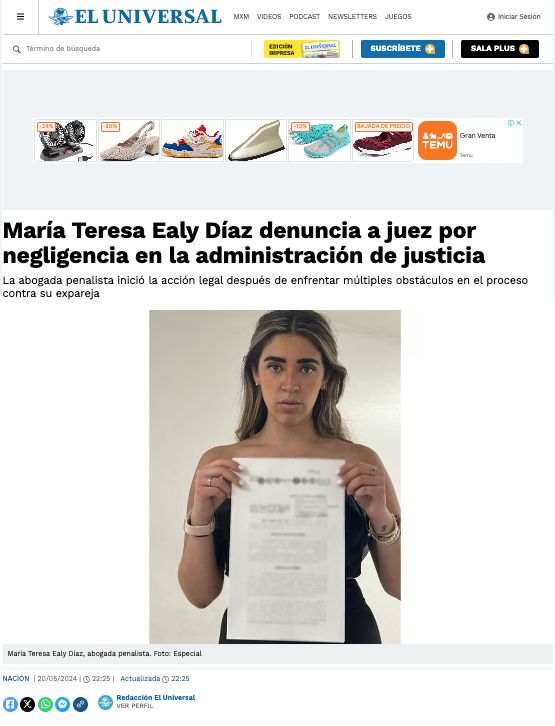 María Teresa Ealy Díaz denuncia a juez por negligencia en la administración de justicia